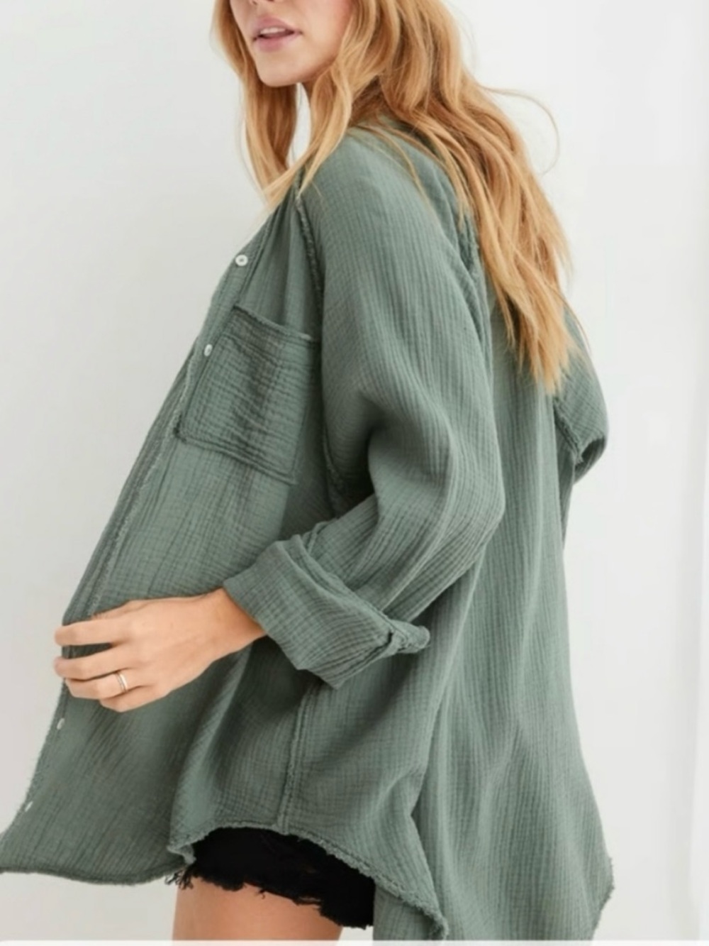 Aerie Gauzy Beach Cover Up Shirt Green Oversized Women Size XL